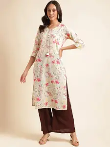 MESMORA FASHION Floral Printed Mirror Work Pure Cotton Kurta