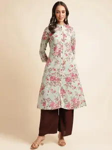 MESMORA FASHION Floral Printed Mandarin Collar Pure Cotton A-Line Kurta