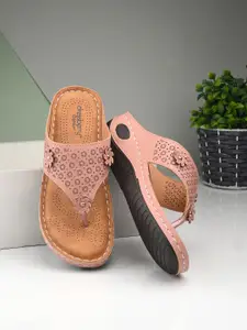DressBerry Pink Textured Comfort Open Toe Flats With Laser Cuts