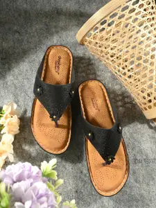 DressBerry Black Textured Comfort Open Toe Flats With Laser Cuts