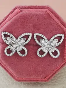 Designs & You Silver-Plated Cubic Zirconia-Studded Butterfly Shaped Studs Earrings