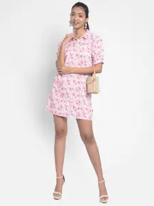 Crimsoune Club Pink Floral Printed Shirt Collar A-Line Mini Dress