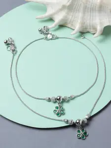 ZENEME Set Of 2 Rhodium-Plated  Artificial Stone Studded Floral Charm Anklets