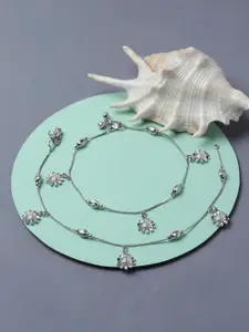 ZENEME Rhodium-Plated Artificial-Stone-Studded & Silver Beaded Anklet