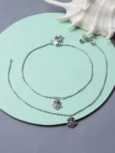 ZENEME Rhodium-Plated Artificial Stone-Studded & Beaded Anklets