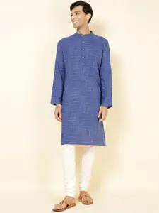 Fabindia Checked Band Collar Long Sleeves Straight Kurta