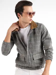 Campus Sutra Grey Checked Windcheater Cotton Tailored Jacket