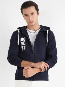 Campus Sutra Typography Printed Hooded Cotton Front-Open Sweatshirt