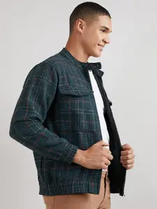 Campus Sutra Winter Wear Striped Mandarin Collar Windcheater Cotton Open Front Jacket