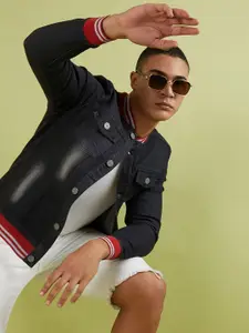 Campus Sutra Mock Collar Windcheater Cotton Crop Denim Jacket