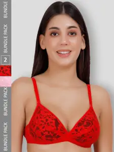 SELFCARE Pack Of 2 Net Embroided Half Coverage Plunge Bra With Adjustable Straps