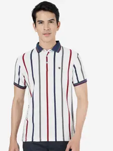 JADE BLUE Striped Polo Collar Slim Fit Cotton T-shirt