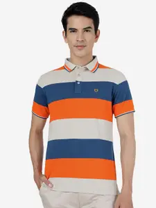 JADE BLUE Striped Polo Collar Cotton Slim Fit T-shirt