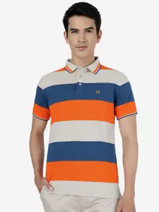 JADE BLUE Striped Polo Collar Slim Fit Cotton T-shirt