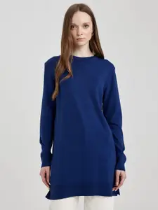 DeFacto Round Neck Side Slits Longline Acrylic Pullover Sweater