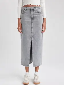 DeFacto Pure Cotton Front Slit Straight Midi Skirt