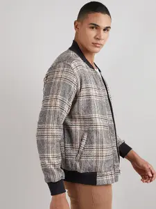 Campus Sutra Grey Checked Windcheater Cotton Bomber Jacket