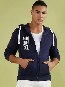 Campus Sutra Typography Printed Hooded Cotton Front-Open Sweatshirt