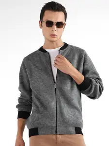Campus Sutra Round Neck Ribbed Front-Open Sweaters