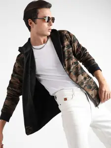 Campus Sutra Camouflage Printed Hooded Windcheater Crop Cotton Bomber Jacket