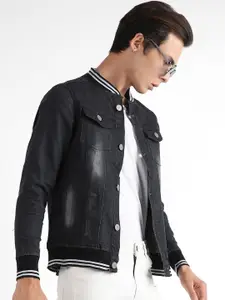 Campus Sutra Stand Collar Washed Windcheater Denim Jacket