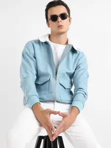 Campus Sutra Winter Wear Self Design Windcheater Cotton Open Front Jacket