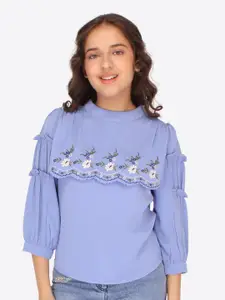 CUTECUMBER Girls Floral Embroidered High Neck Cuffed Sleeve Top