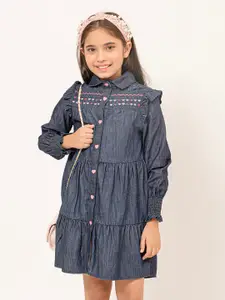 One Friday Puff Sleeves Tiered Denim Shirt Above Knee Dress