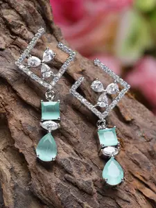 ZENEME Rhodium-Plated American Diamond Studded Square Shaped Drop Earrings