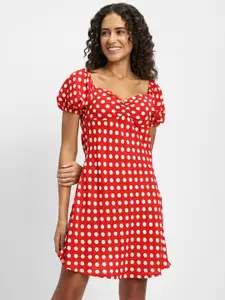 FOREVER 21 Polka Dot Printed Puff Sleeves A-Line Dress