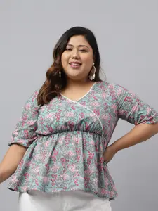 Janasya Plus Size Floral Printed Puff Sleeve Cotton Empire Top