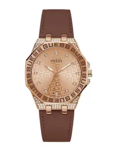 GUESS Women Embellished Dial & Leather Straps Analogue Watch GW0547L2