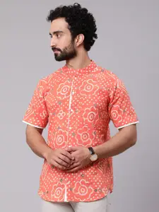 AKS Bandhani Printed Mandarin Collar Short Sleeve Cotton Casual Shirt