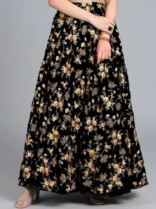 Ethnovog Floral Embroidered Velvet Flared Maxi Skirt