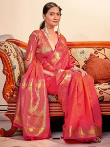 Satrani Pink & Gold-Toned Ethnic Motifs Woven Design Zari Silk Cotton Jacquard Saree