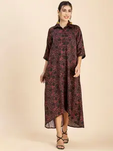 Moomaya Floral Printed Shirt Collar Satin Shirt Midi Dress
