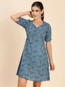 Moomaya Floral Printed V-Neck Gathered Detailed A-Line Dress