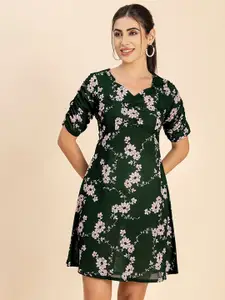 Moomaya Floral Printed V-Neck Gathered Detailed A-Line Dress