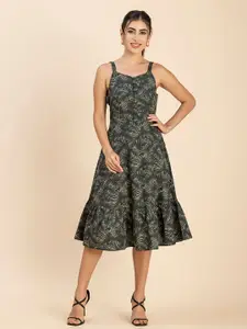 Moomaya Floral Printed Shoulder Straps Flounce Hem A-Line Midi Cotton Dress