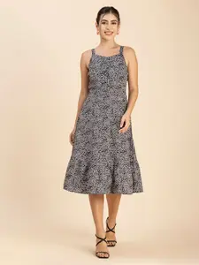 Moomaya Floral Printed Gathered Detailed Cotton A-Line Midi Dress