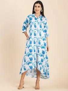 Moomaya Floral Printed Shirt Collar Satin Shirt Style Midi Dress