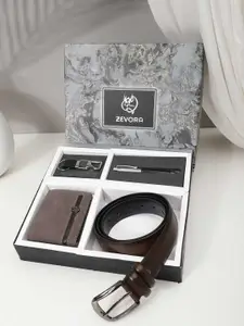 ZEVORA Men Leather Belt, Wallet, Keychain and Pen Gift Set