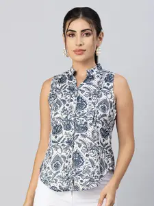 Moomaya Floral Printed Mandarin Collar Satin Shirt Style Top
