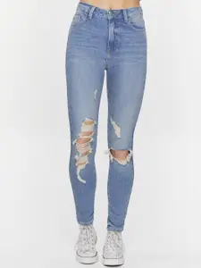 FOREVER 21 Women Mid-Rise Skinny Fit Highly Distressed Light Fade Stretchable Jeans