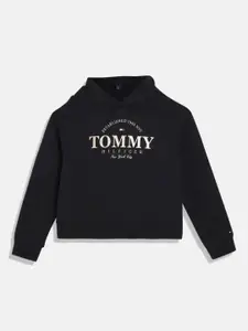 Tommy Hilfiger Girls Typography Printed Hooded Cotton Pullover Sweatshirt