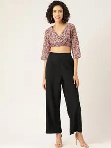 Sleek Italia Floral Printed V-Neck Crop Top With Straight Trouser s