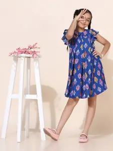 FASHION DREAM Ethnic Printed Peter Pan Collar Flutter Sleeves Pleated A-Line Dress