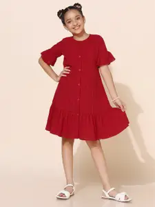 FASHION DREAM Girls Checked Round Neck Bell Sleeves Gathered Casual A-Line Dress