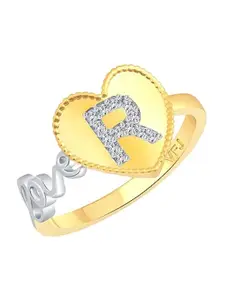 Vighnaharta Gold-Plated Love R Letter in Heart CZ Studded Finger Ring