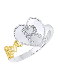 Vighnaharta Rhodium-Plated CZ Stone Studded Love R Alphabet in Heart Ring